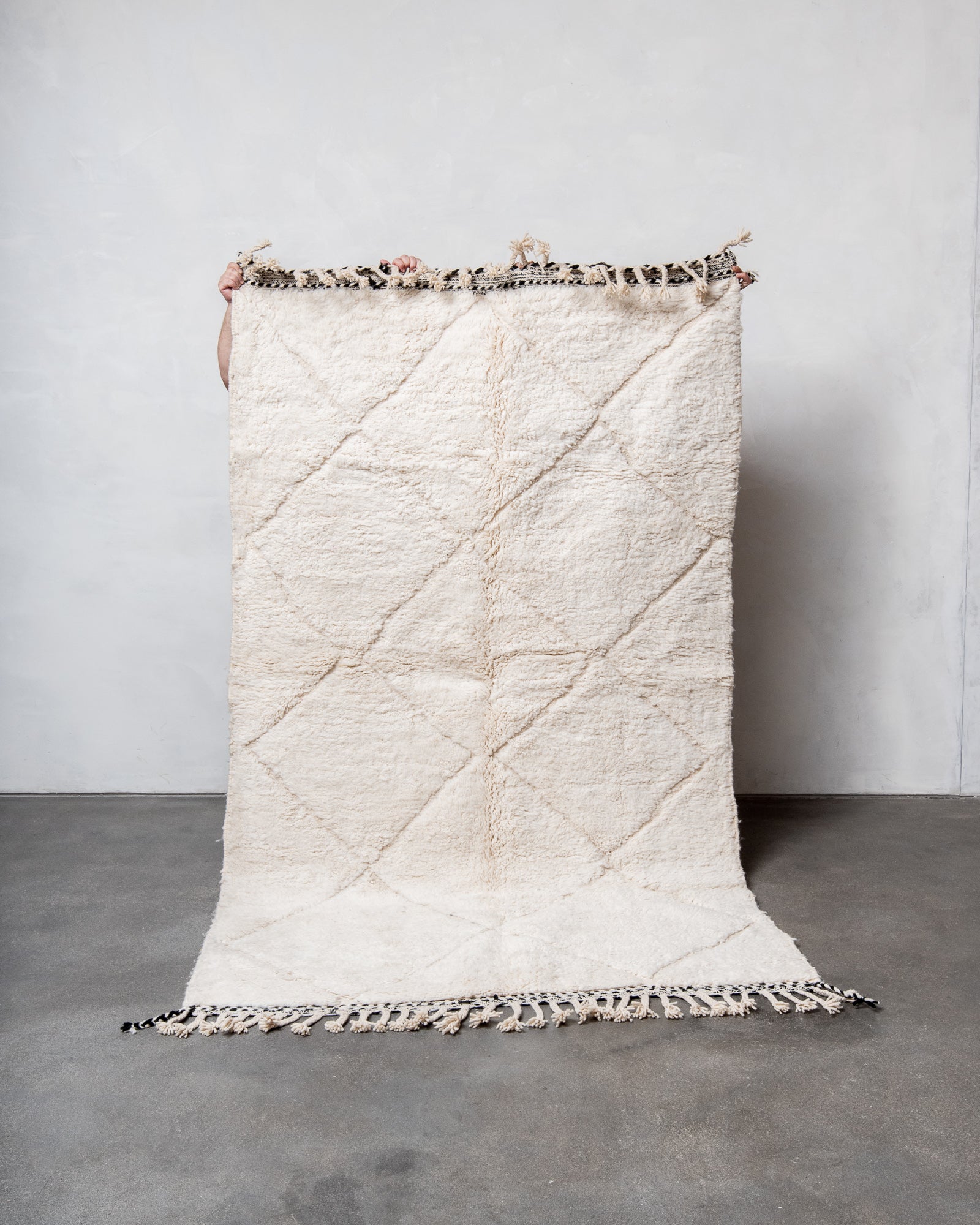 Modern, designer, handcrafted Berber rug from Morocco. Beniourain carpet with beautiful colours and patterns and fluffy wool texture.